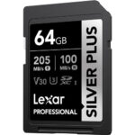 Lexar 64GB Professional Silver Plus SDXC UHS-I Card, Up To 205MB/s Read 100MB/s Write C10 V30 U3 - Lsdsipl064g-Bnnng