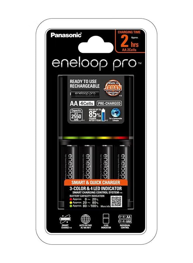 Panasonic K-Kj55hcc40h Eneloop Pro Aa Rechargeable Battery Pack Of 4 With Charger 2450mAh (Black)