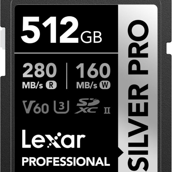 Lexar 512GB Professional Silver Pro SDXC UHS-Ii Memory Card, Up To 280MB/s Read, 160MB/s Write C10 U3 V60 - Lsdsipr512g-Bnnng